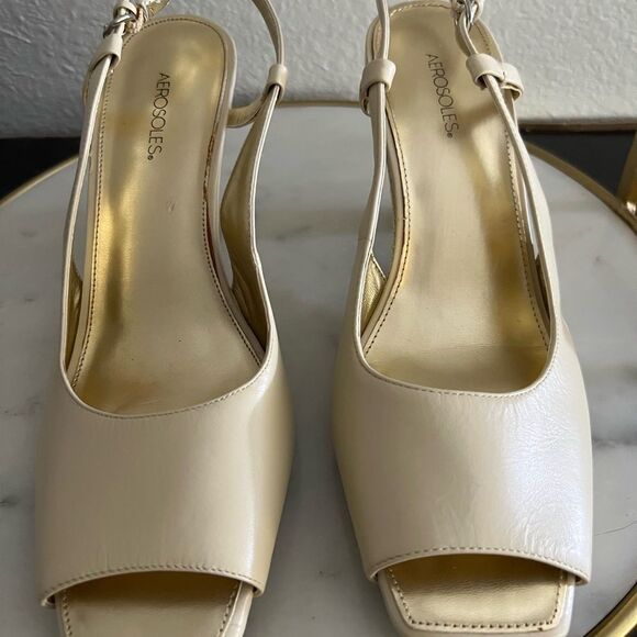 Aerosols Gardenia Sling Back Wedge Heels Fabric Upper Leather Beige Cream New - Picture 1 of 10